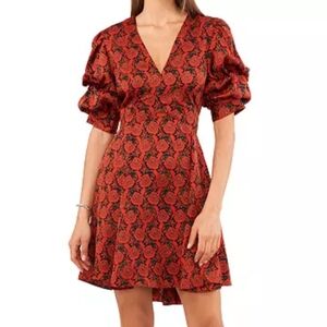 NWT 1.STATE Women's Printed V-Neck Tiered Bubble Puff Sleeve Mini Dress Folklore